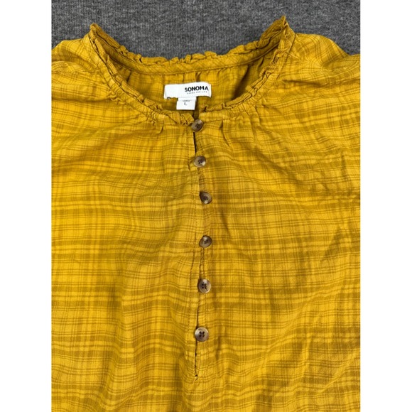 Sonoma Women's Sz L Mustard Yellow Plaid Button Front Short Flutter Sleeve Top - Picture 2 of 11